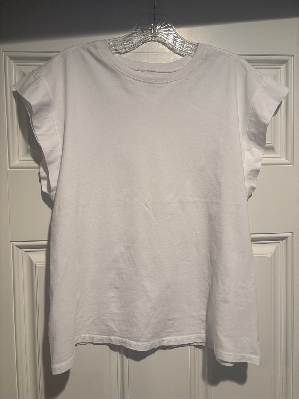 White Crewneck Tee - Classic Everyday Top- slight flutter sleeve